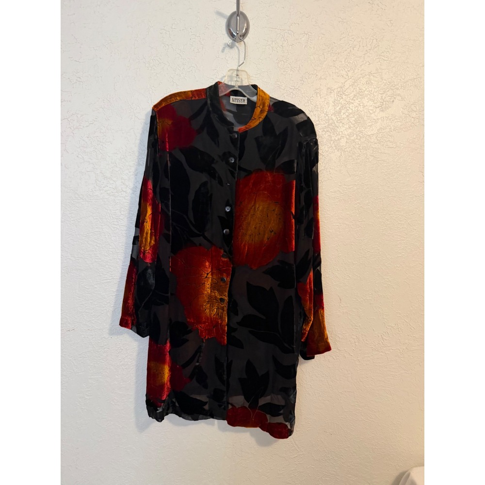 Chicos Design Silk Blend Burnout Velvet Floral Tunic Blouse Black Orange Size 2
